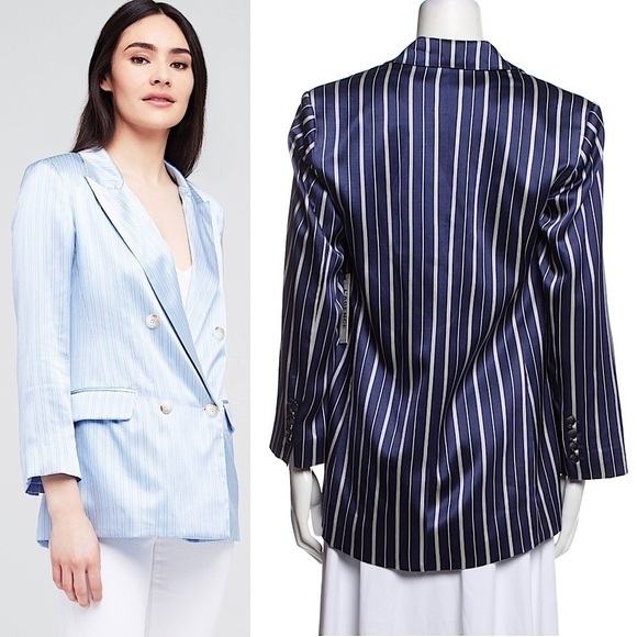 NWT L’AGENCE Silk Satin Navy Stripe Double Breasted Relaxed Fit Blazer Jacket S - Picture 2 of 7